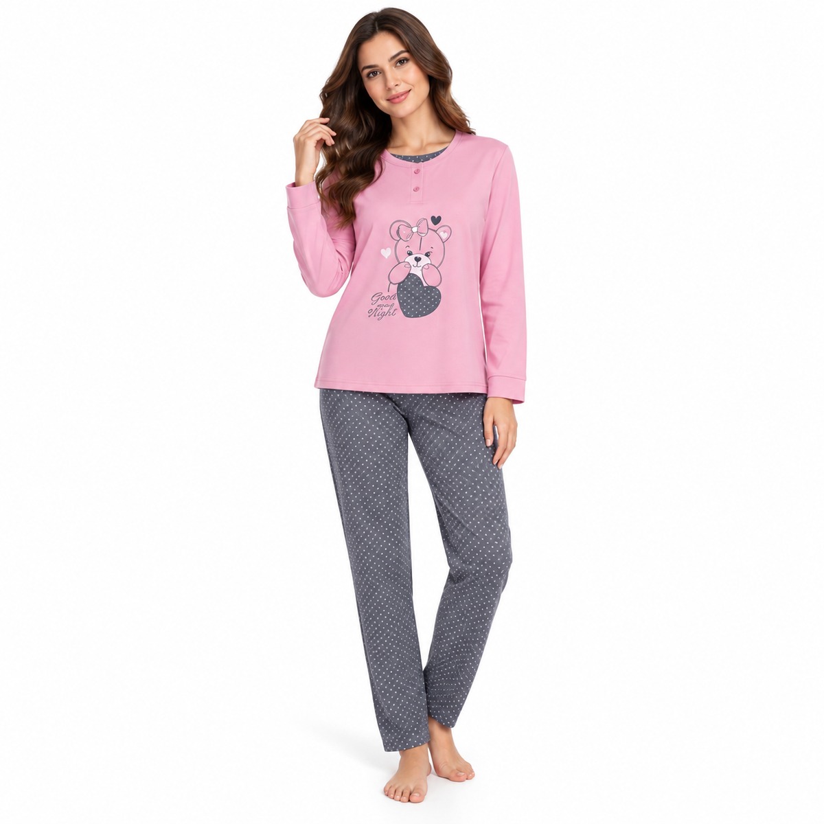 Γυναικεία ζεστή πιτζάμα 3127 ροζ με fleece εσωτερικά – μπροστινή όψη