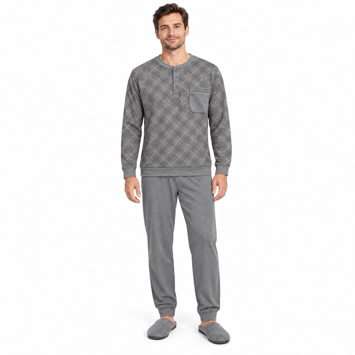 Ανδρική πιτζάμα 556 με καρό σχέδιο και fleece εσωτερικά – γκρι