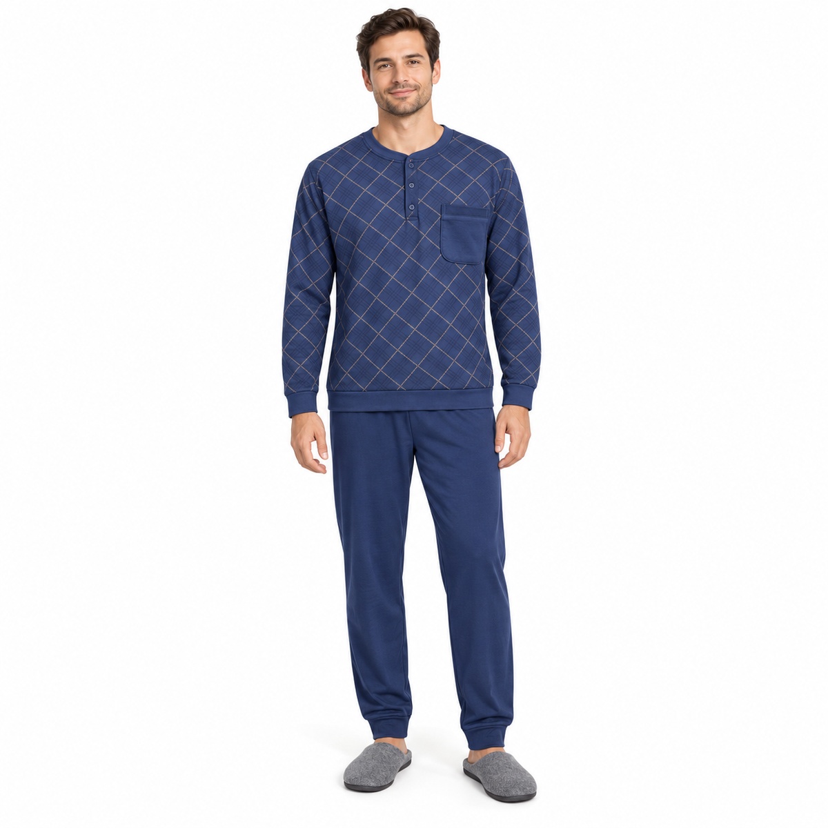 Ανδρική πιτζάμα 556 με καρό σχέδιο και fleece εσωτερικά – μπλε σκούρο