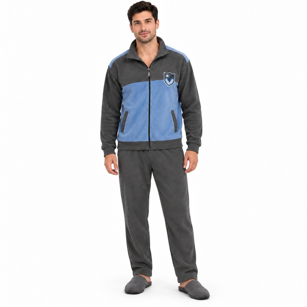 Ανδρική πιτζάμα fleece YL200 γκρι σιέλ με φερμουάρ – μπροστά Ανδρική πιτζάμα fleece YL200 γκρι σιέλ με φερμουάρ – μπροστά