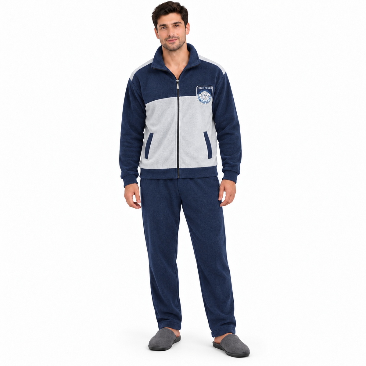 Ανδρική πιτζάμα fleece YL200 μπλε σκούρο γκρι με φερμουάρ – μπροστά