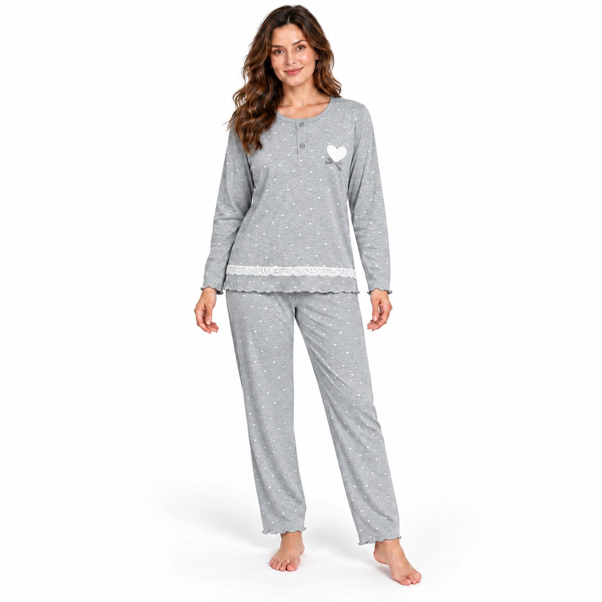 Γυναικεία ζεστή πιτζάμα 9106 γκρι με fleece εσωτερικά – μπροστινή όψη Γυναικεία ζεστή πιτζάμα 9106 γκρι με fleece εσωτερικά – μπροστινή όψη
