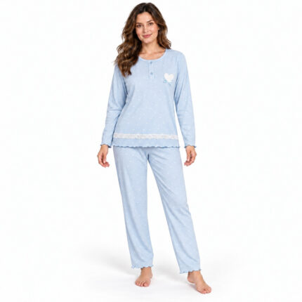 Γυναικεία ζεστή πιτζάμα 9106 σιέλ με fleece εσωτερικά – μπροστινή όψη