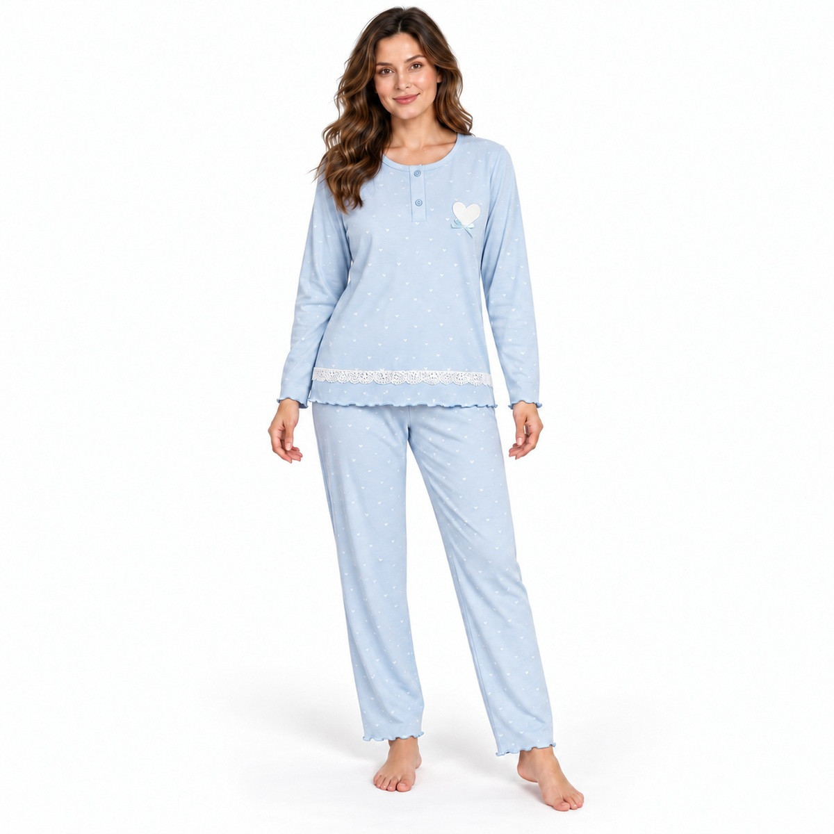 Γυναικεία ζεστή πιτζάμα 9106 σιέλ με fleece εσωτερικά – μπροστινή όψη