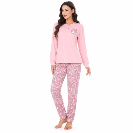 Γυναικεία ζεστή πιτζάμα 9107 ροζ με fleece εσωτερικά – μπροστινή όψη