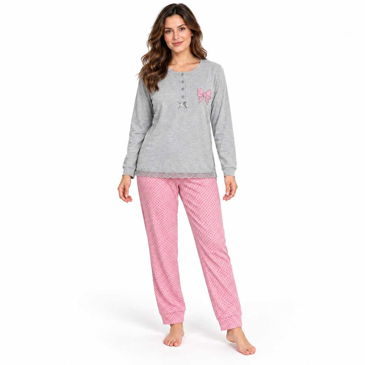 Γυναικεία ζεστή πιτζάμα 9122 γκρι με fleece εσωτερικά – μπροστινή όψη Γυναικεία ζεστή πιτζάμα 9122 γκρι με fleece εσωτερικά – μπροστινή όψη