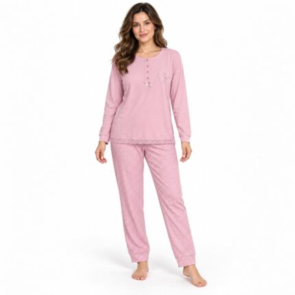 Γυναικεία ζεστή πιτζάμα 9122 ροζ με fleece εσωτερικά – μπροστινή όψη