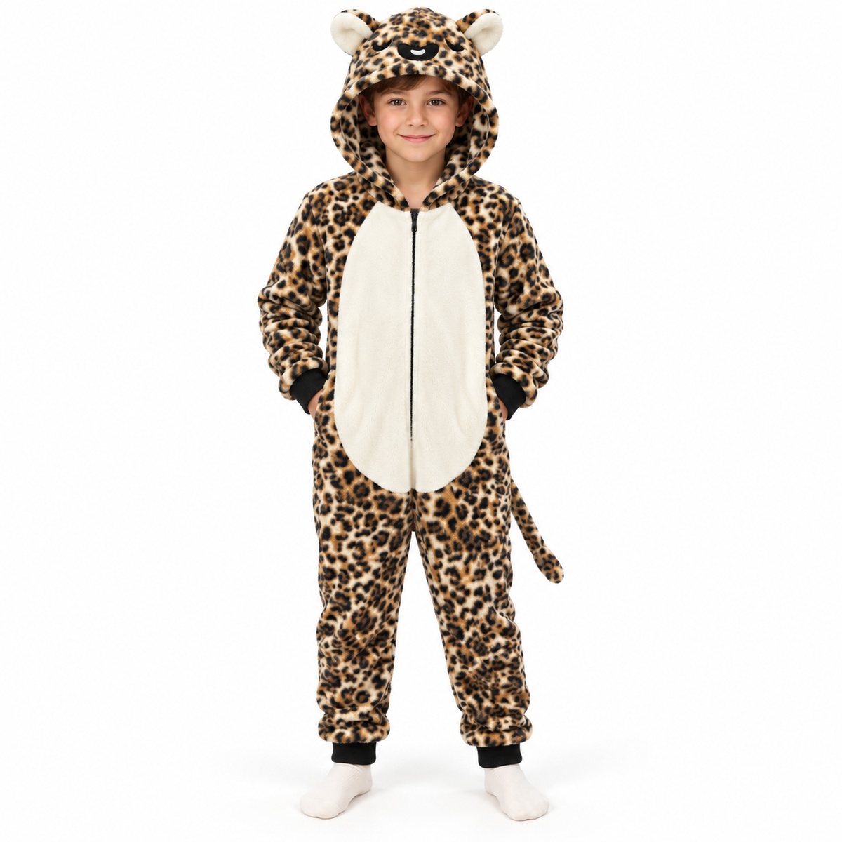 k9104-4-olosomi-pitzama-leopar-agori-1 Παιδική ολόσωμη πιτζάμα fleece Κ9104-4 λεοπάρ για αγόρι – μπροστινή όψη